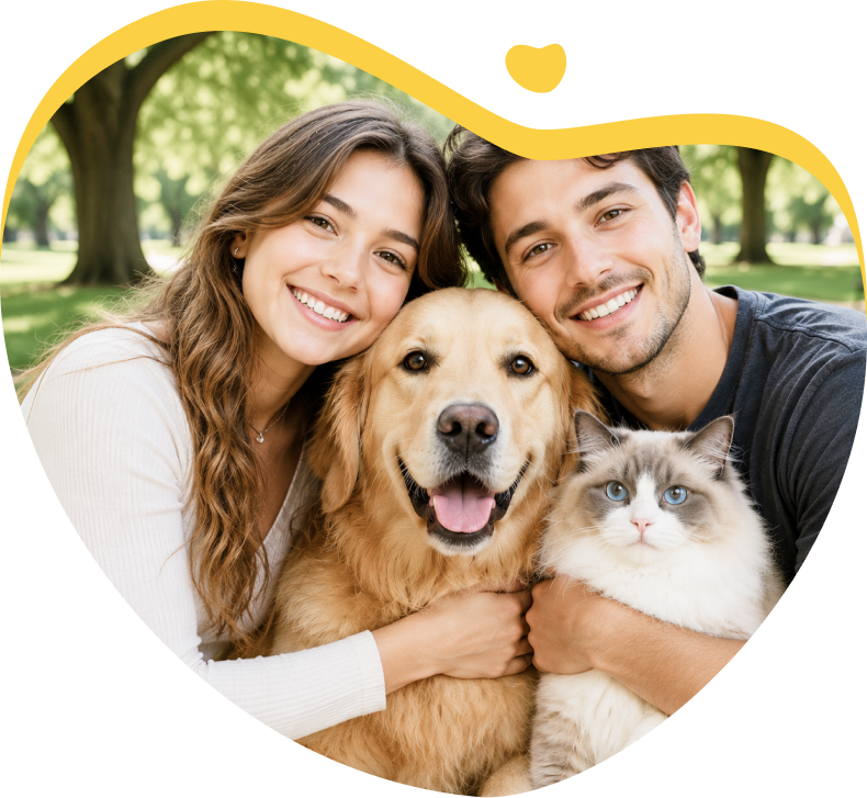 Smiling future pet owners sitting with a golden retriever