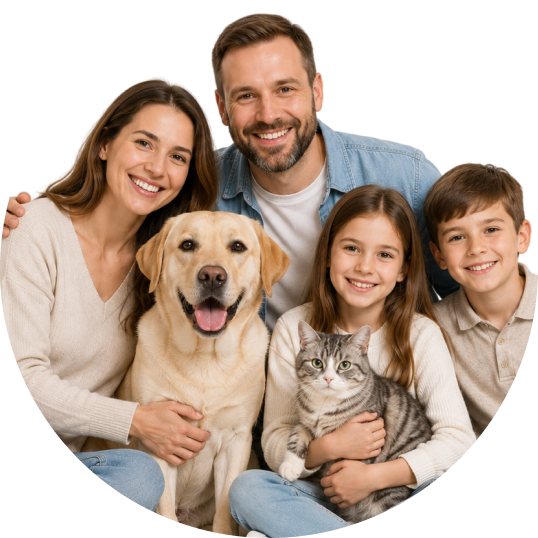 Happy family with a dog and cat representing responsible pet ownership