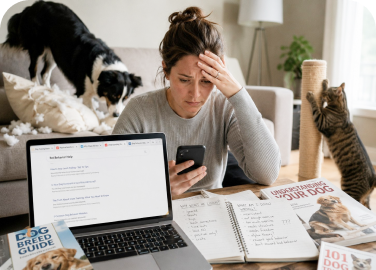 A pet owner receiving guidance while caring for a dog