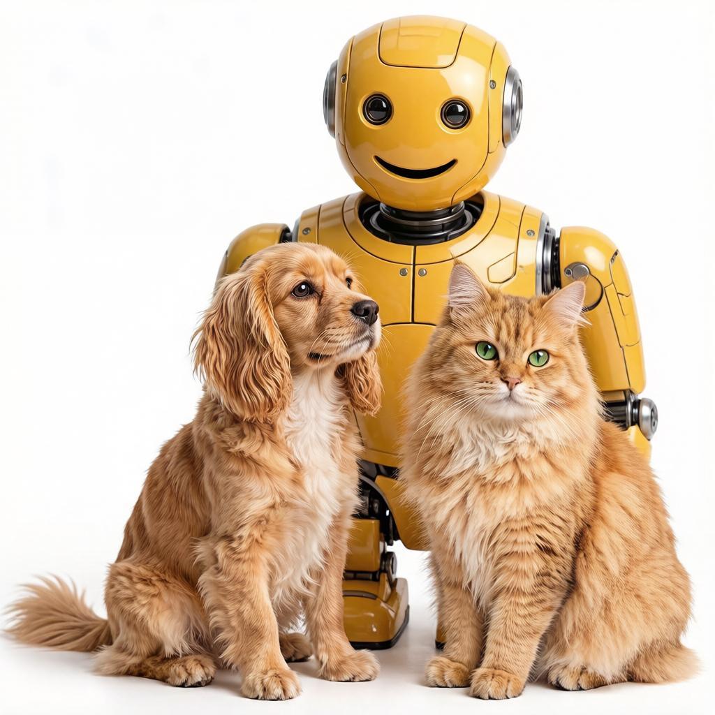 Friendly robot sitting with a dog and cat beside PetMatch AI report screens