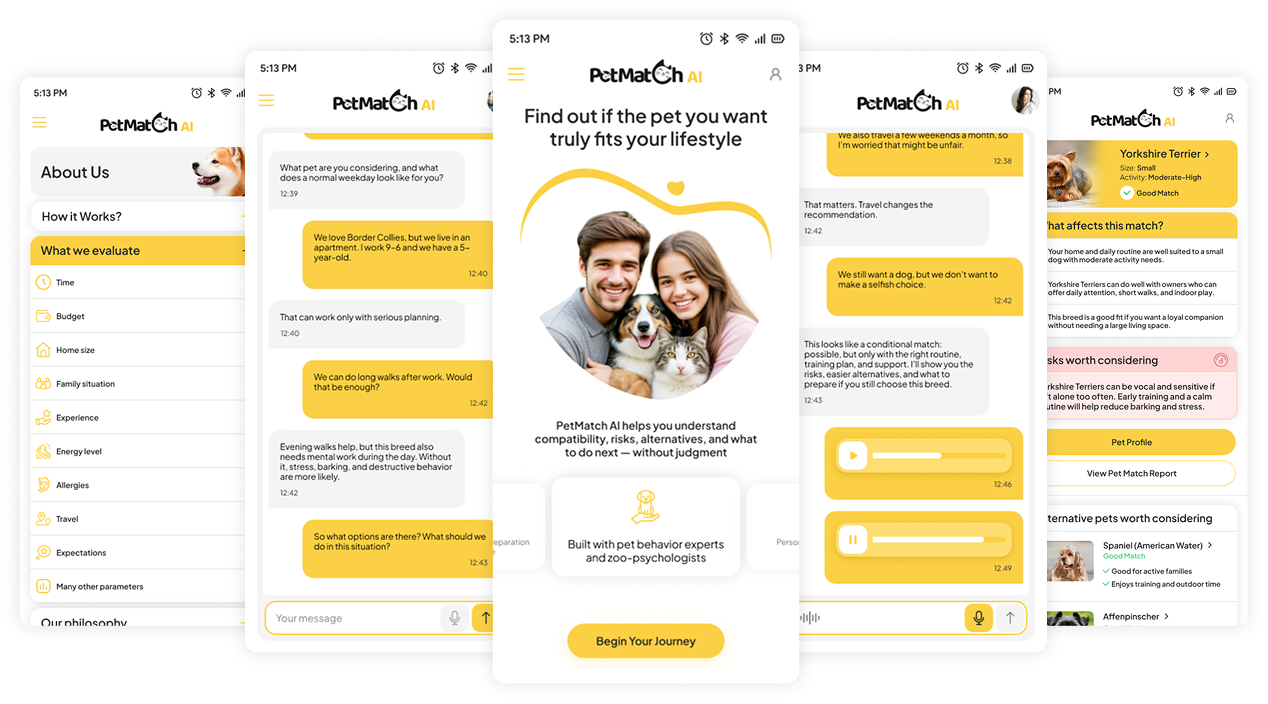PetMatch AI mobile app screens showing pet matching reports and recommendations
