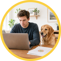 Pet owner reviewing guidance on a laptop beside a dog