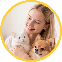 User holding a cat and dog while exploring alternative pet options